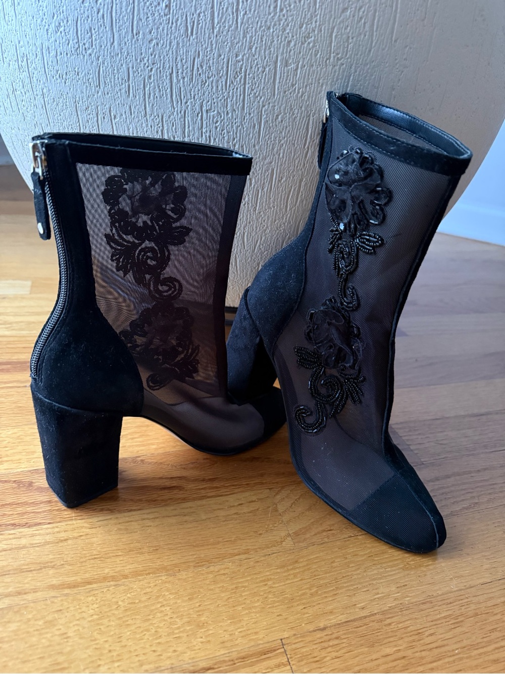 Black Floral Mesh Ankle Boots with Block Heel